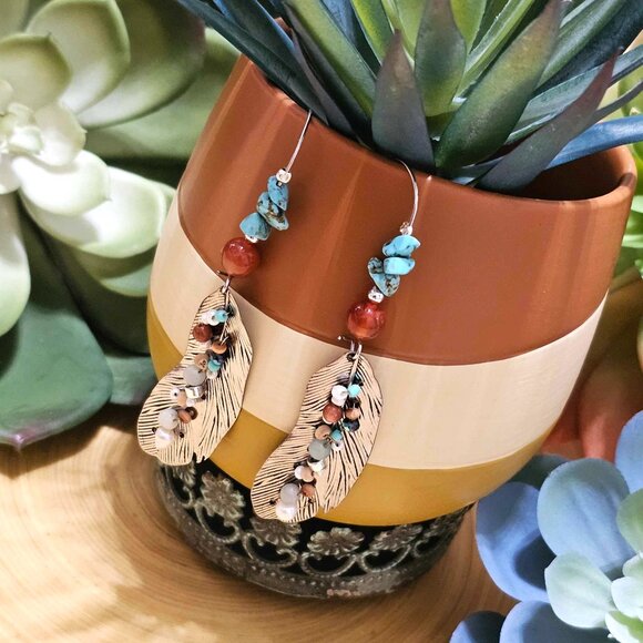 Artisan Earrings Southwestern Silver Feathers Turquoise Carnelian Multi Beaded - Picture 10 of 10